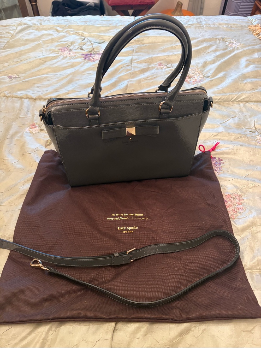 Kate Spade Black Leather Satchel with Bow Accent